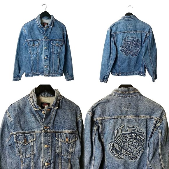 Harley Davidson Jackets & Blazers - 90s Vintage Harley Davidson Motorcycles Womens Medium Blue Denim Jacket Eagle M